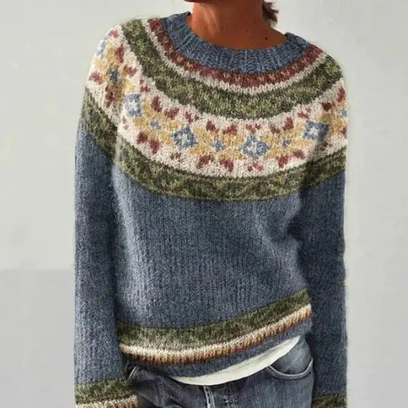 Women's Multicolour Nordic Jumper with Boat Neck in Relaxed Fit