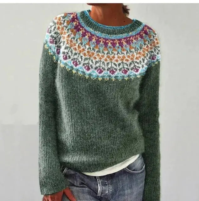 Women's Multicolour Nordic Jumper with Boat Neck in Relaxed Fit