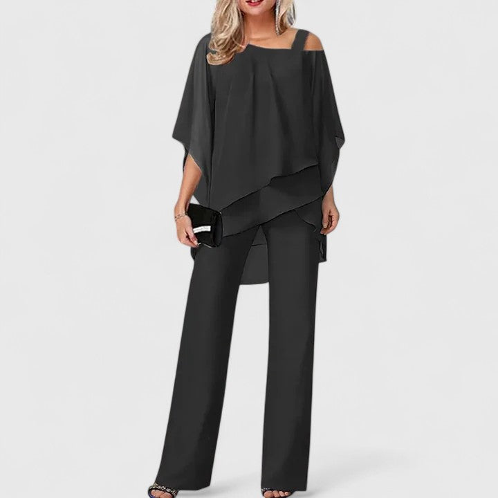 Women's Off-the-Shoulder Two-Piece Formal Set with Wide-Leg Pants