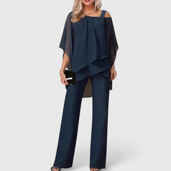 Women's Off-the-Shoulder Two-Piece Formal Set with Wide-Leg Pants