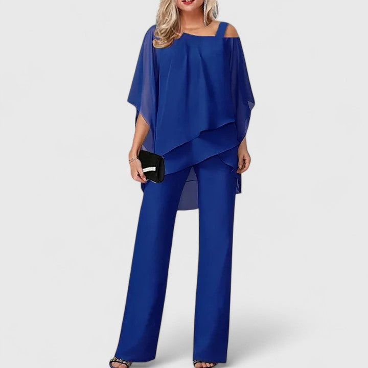 Women's Off-the-Shoulder Two-Piece Formal Set with Wide-Leg Pants