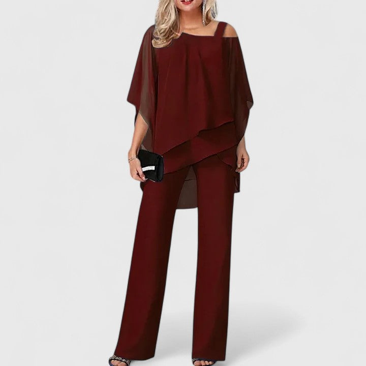 Women's Off-the-Shoulder Two-Piece Formal Set with Wide-Leg Pants