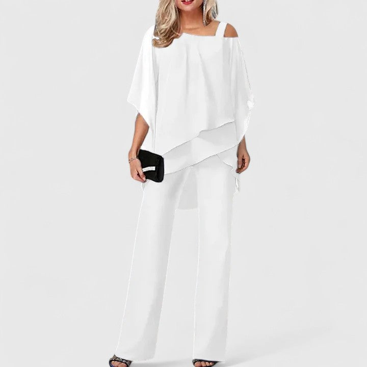 Women's Off-the-Shoulder Two-Piece Formal Set with Wide-Leg Pants