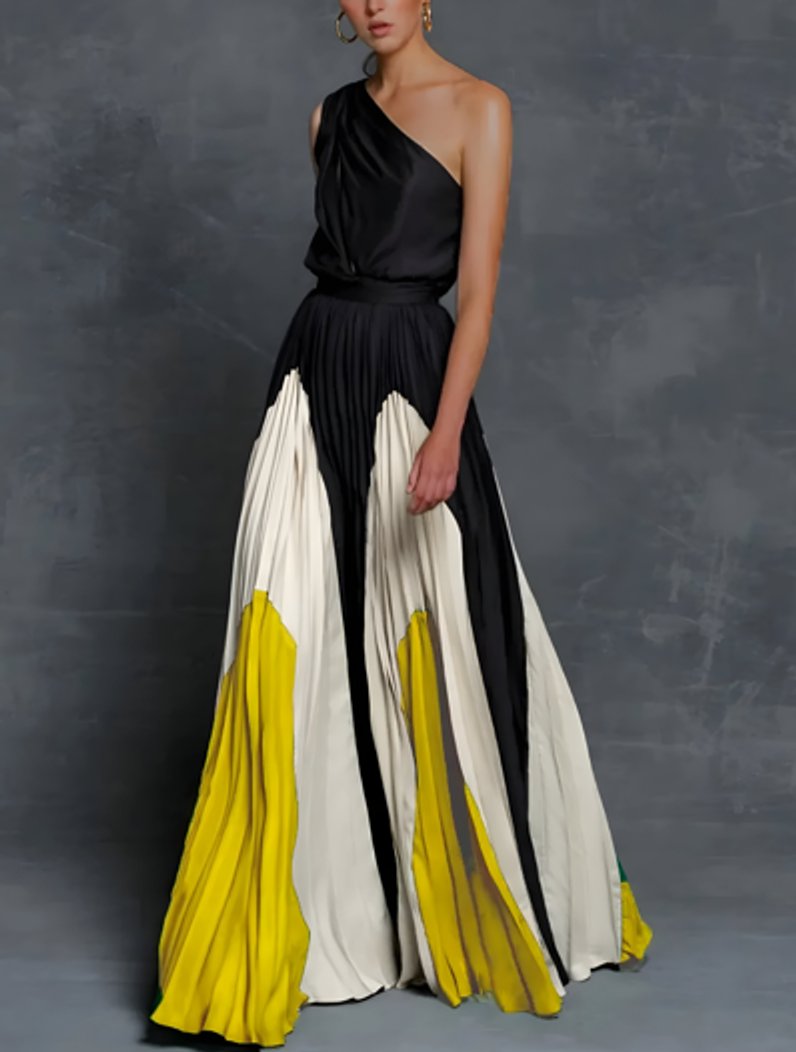 Women's One-Shoulder Pleated Color-Block A-Line Maxi Gown