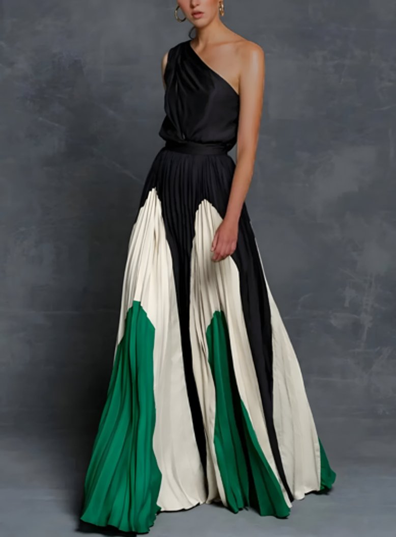 Women's One-Shoulder Pleated Color-Block A-Line Maxi Gown