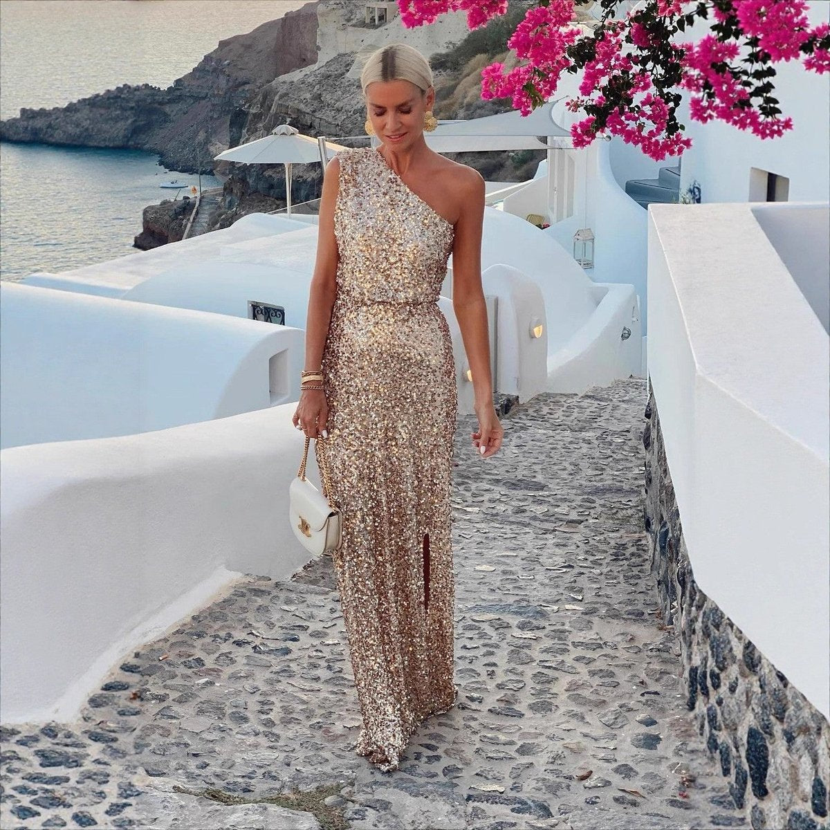 Women's One-Shoulder Sequin Maxi Cocktail Dress with Side Slit