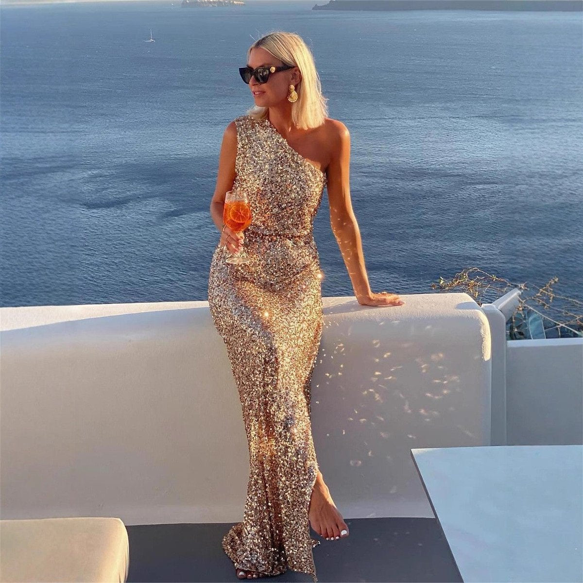 Women's One-Shoulder Sequin Maxi Cocktail Dress with Side Slit