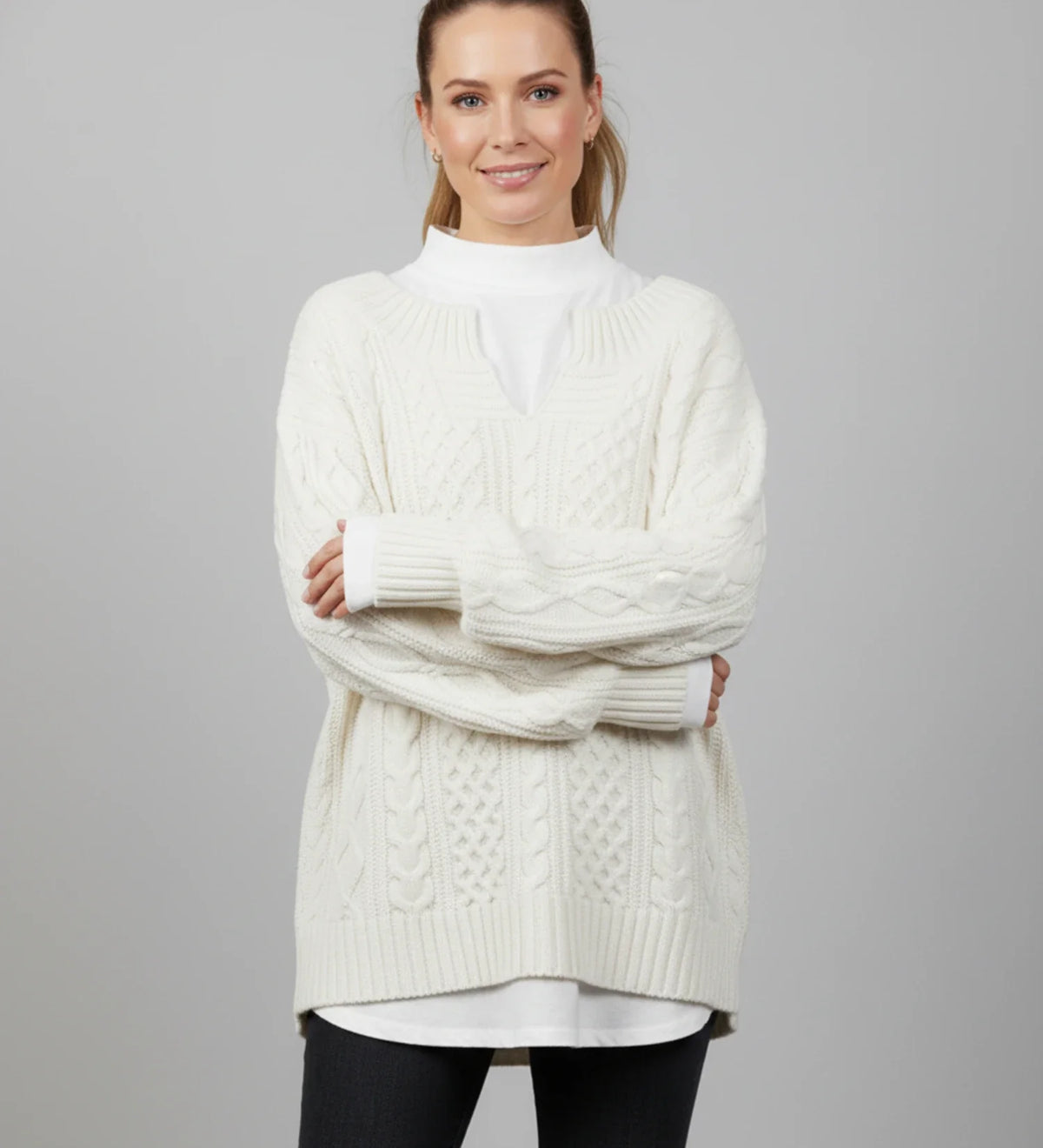 Women's Oversized Cable V-Neck Sweater