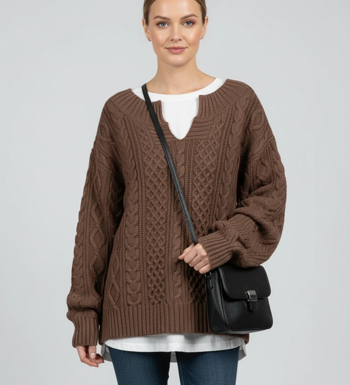 Women's Oversized Cable V-Neck Sweater