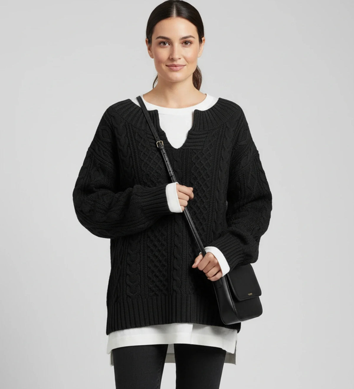 Women's Oversized Cable V-Neck Sweater