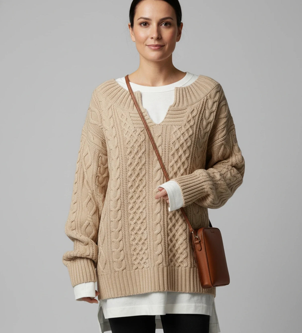 Women's Oversized Cable V-Neck Sweater