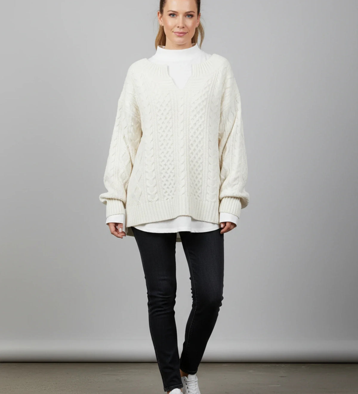 Women's Oversized Cable V-Neck Sweater