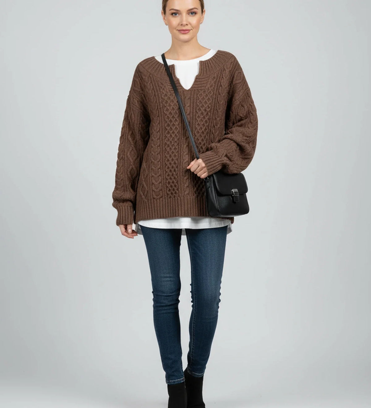 Women's Oversized Cable V-Neck Sweater