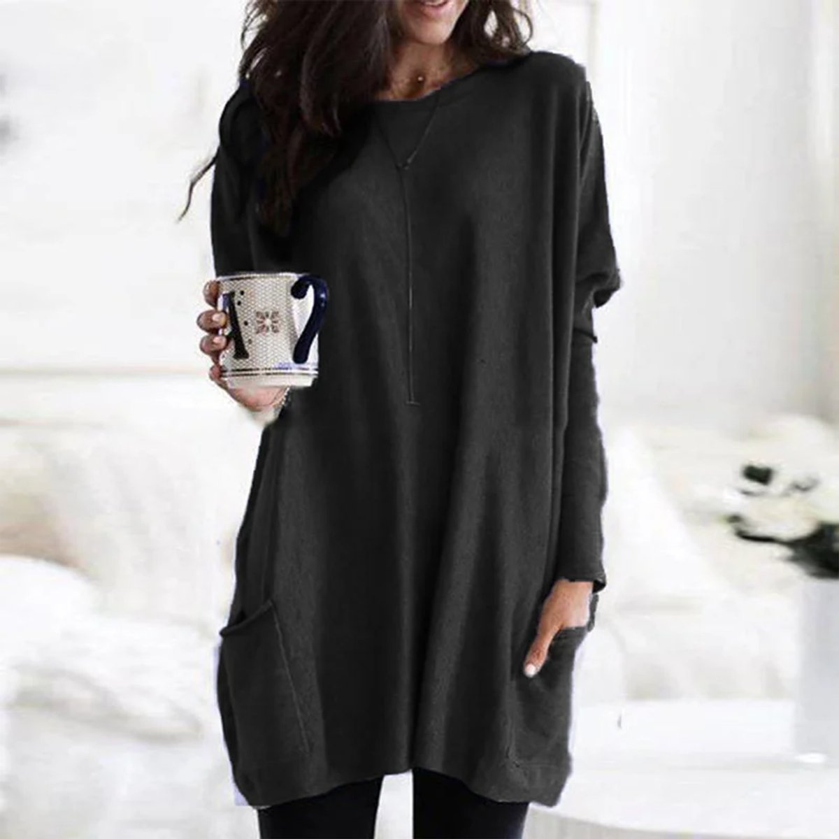 Women's Oversized Long-Sleeve Pocket Tunic Top