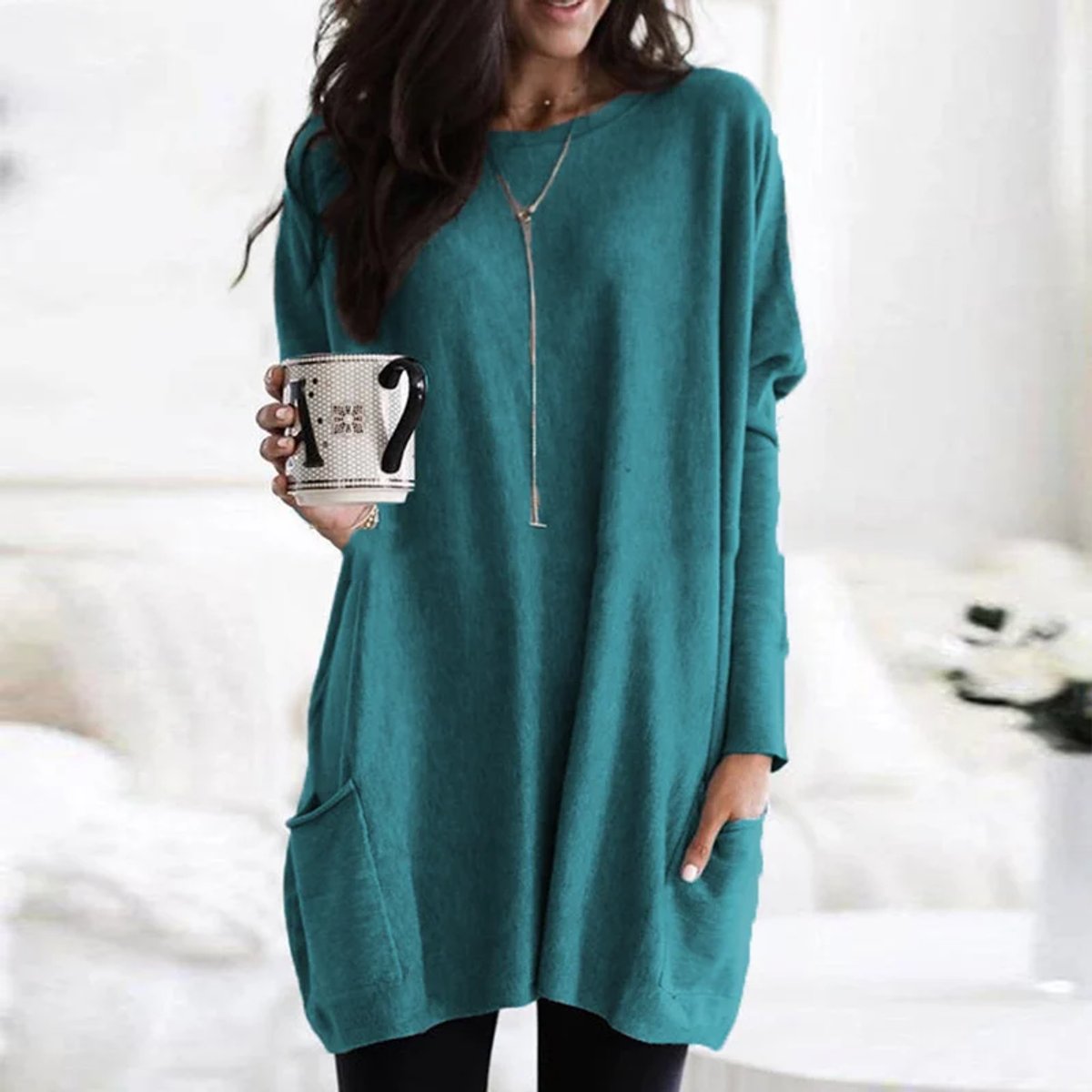 Women's Oversized Long-Sleeve Pocket Tunic Top