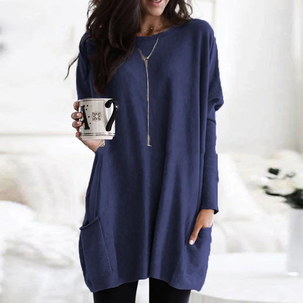 Women's Oversized Long-Sleeve Pocket Tunic Top