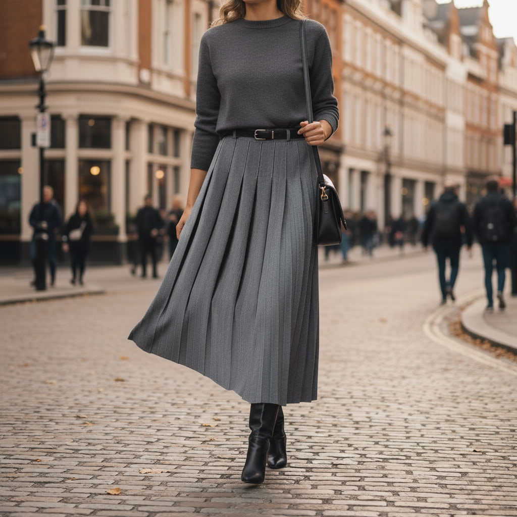 Women's Pleated Belted Midi Skirt