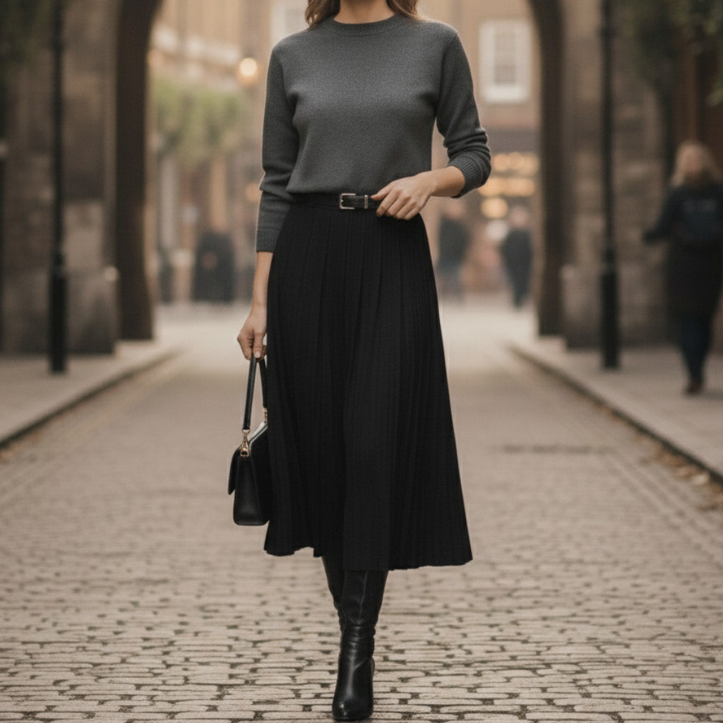 Women's Pleated Belted Midi Skirt