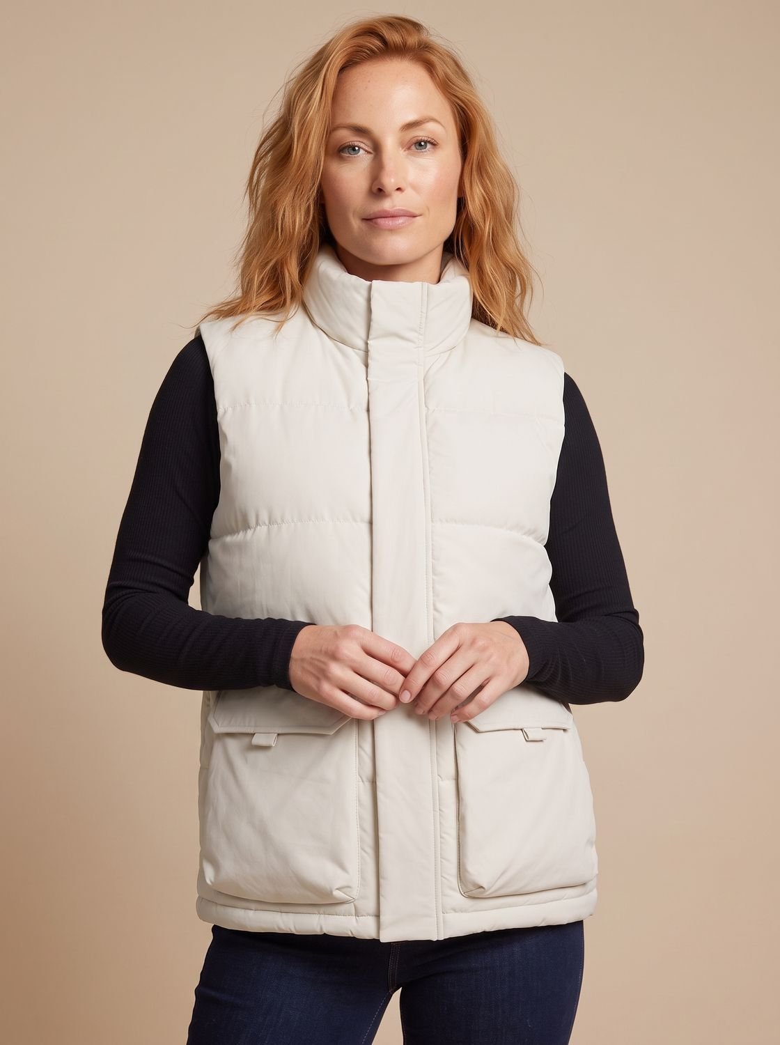 Women's Quilted Mock-Neck Puffer Vest with Flap Pockets