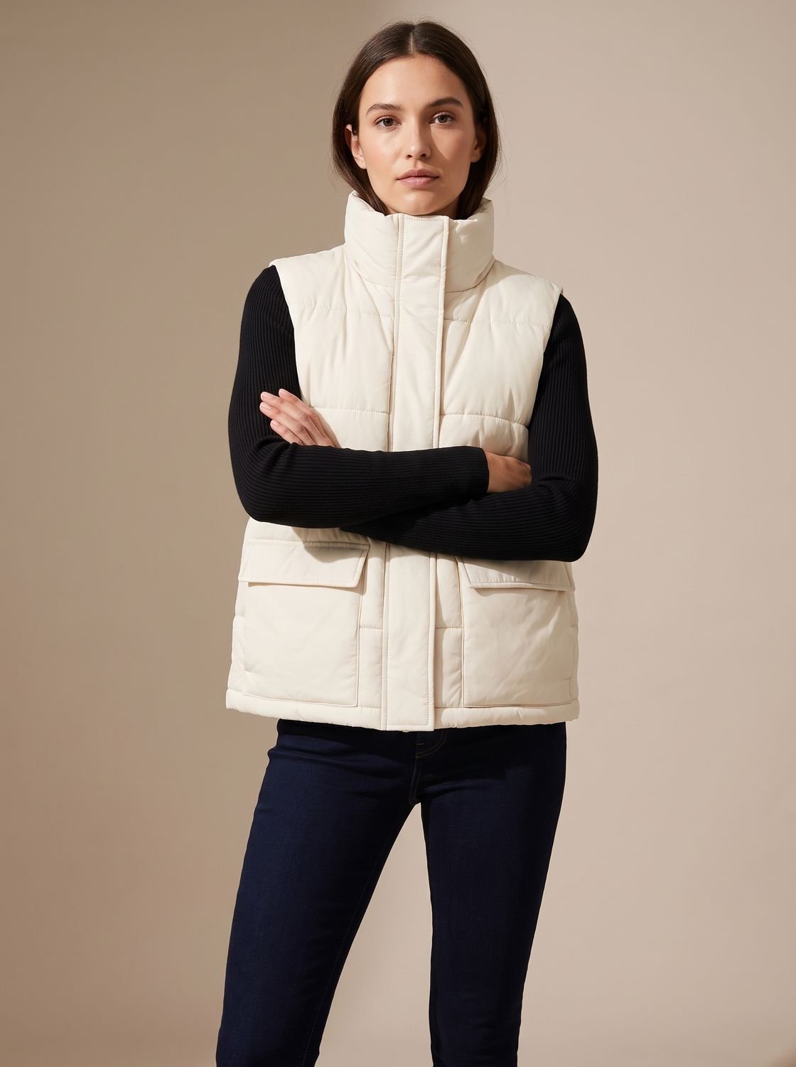 Women's Quilted Mock-Neck Puffer Vest with Flap Pockets