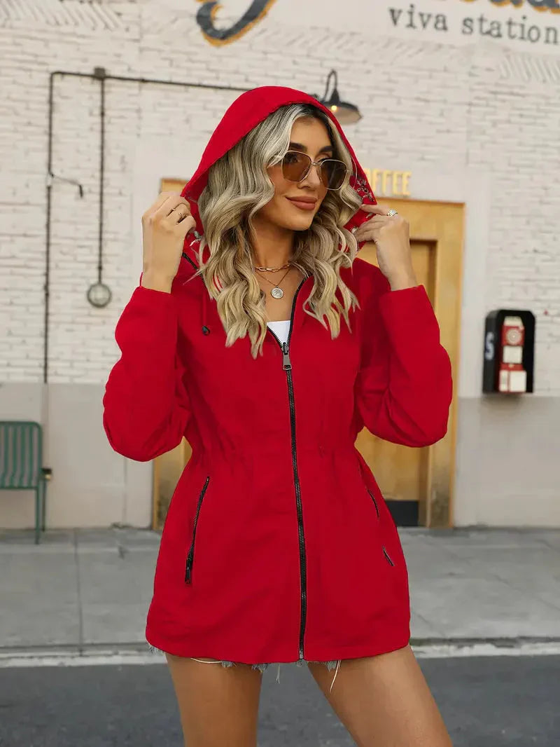 Women's Rain Jacket with Hood and Floral Lining