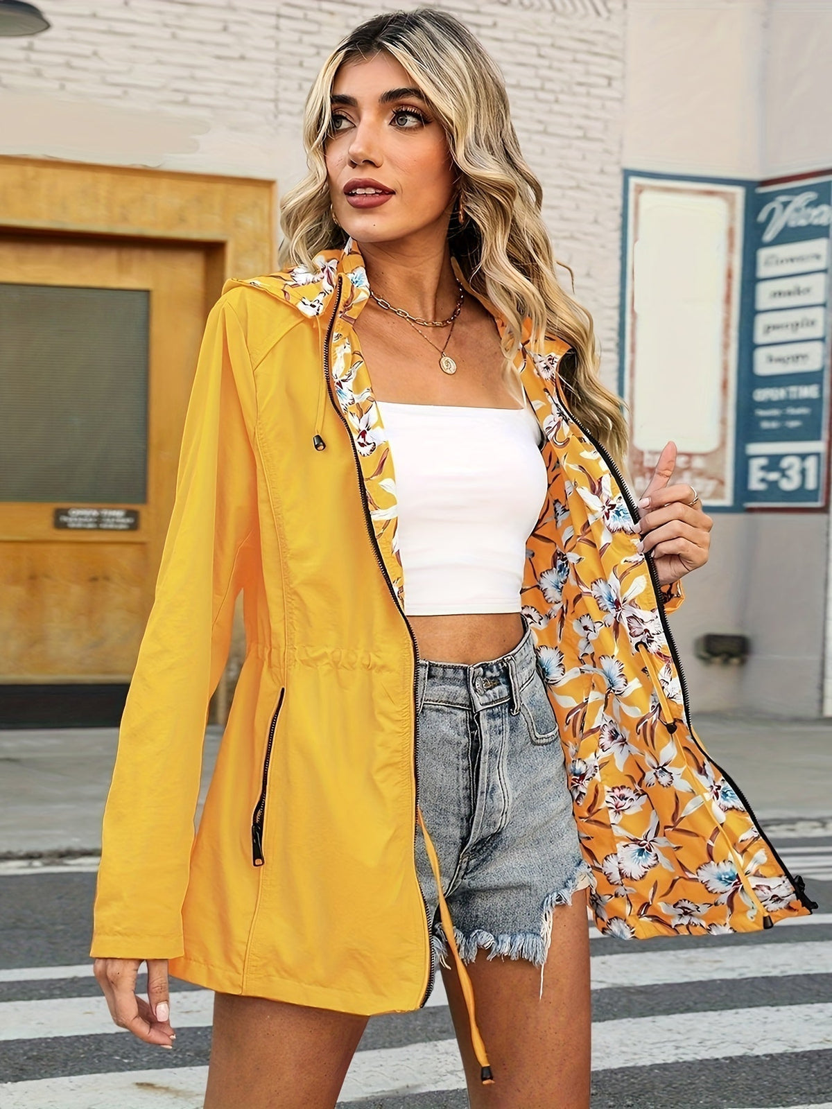 Women's Rain Jacket with Hood and Floral Lining