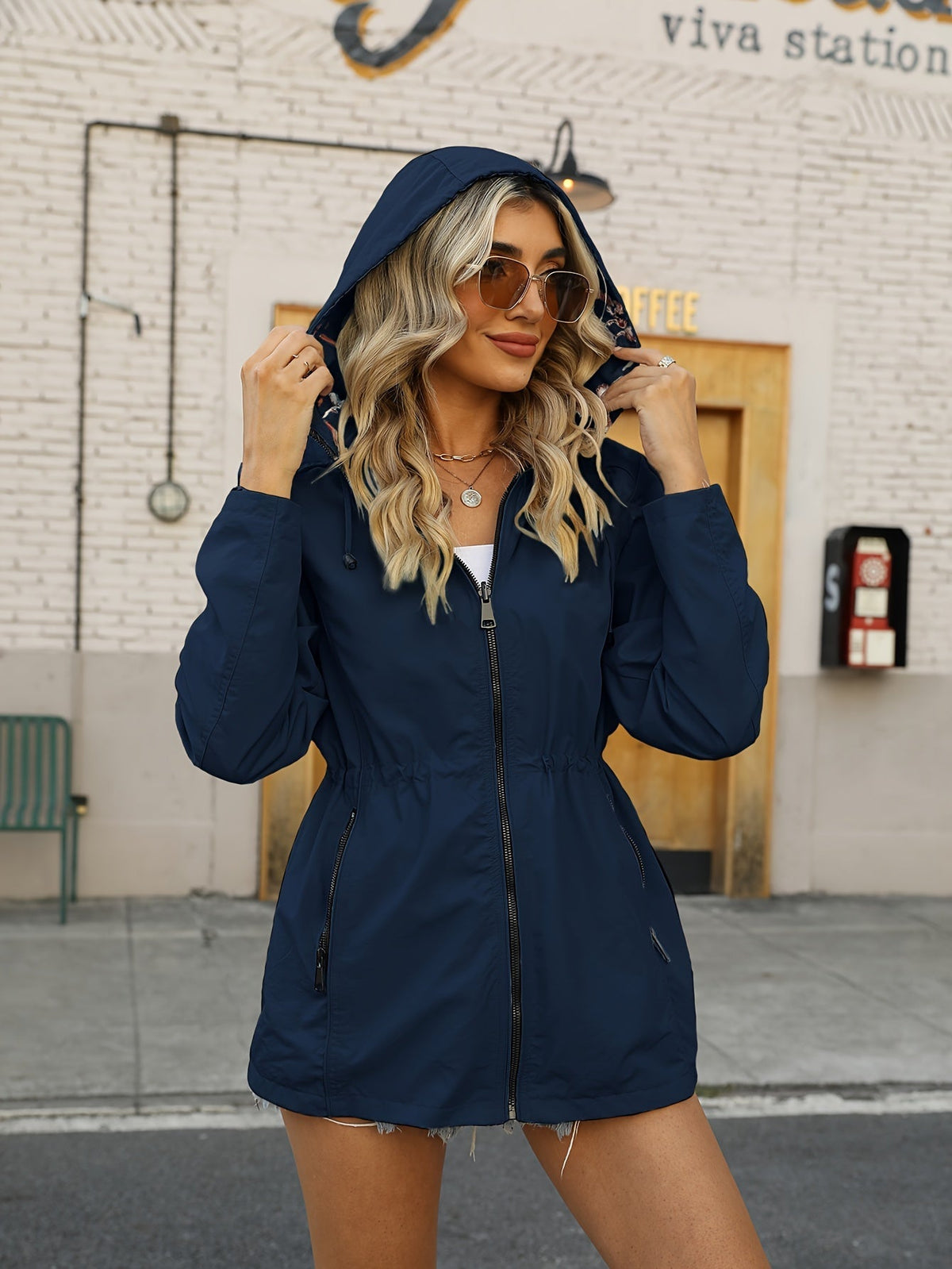 Women's Rain Jacket with Hood and Floral Lining
