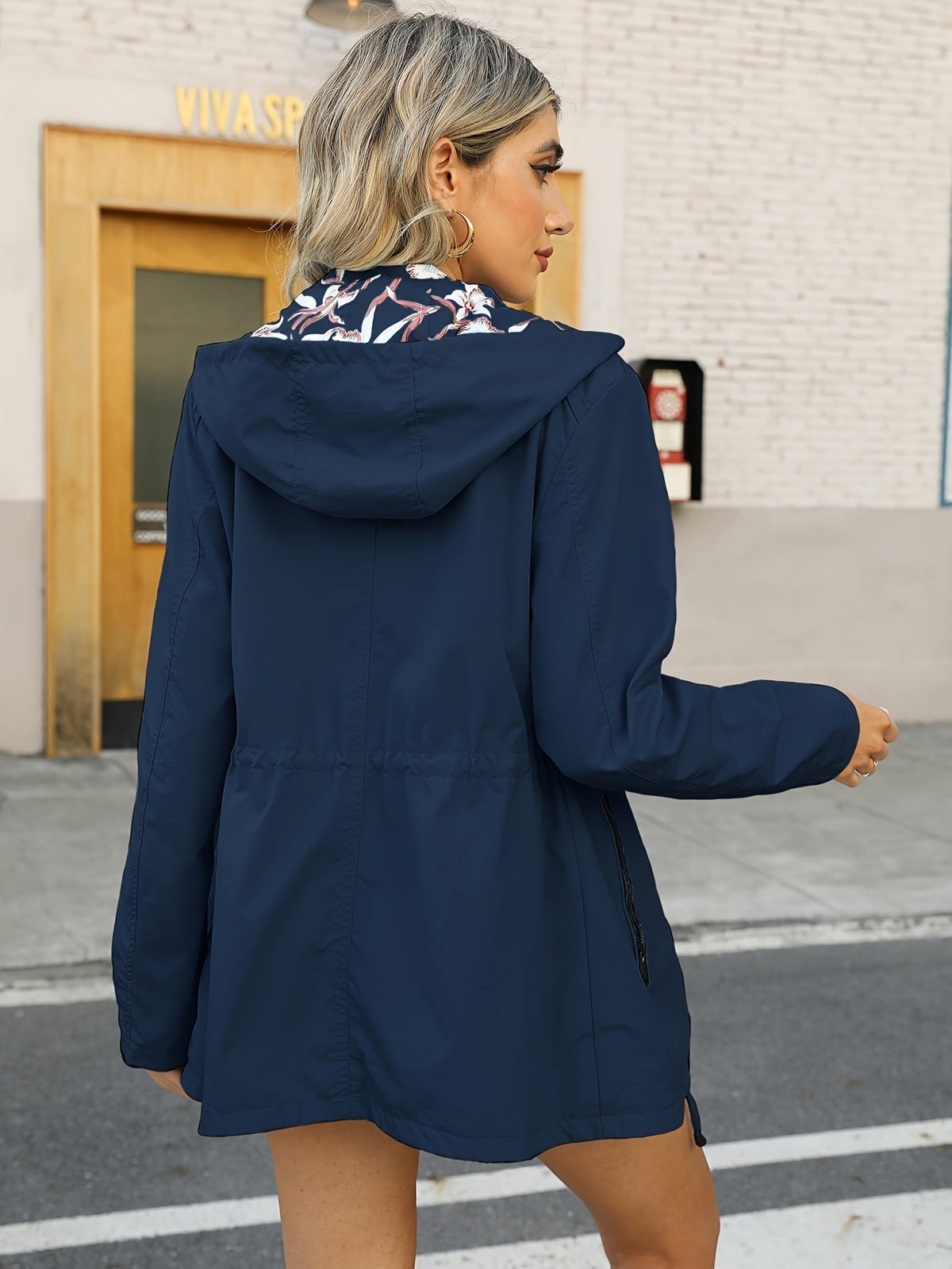 Women's Rain Jacket with Hood and Floral Lining