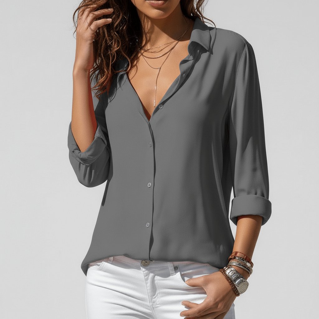 Women's Relaxed-Fit Button-Up Long Sleeve Collared Blouse
