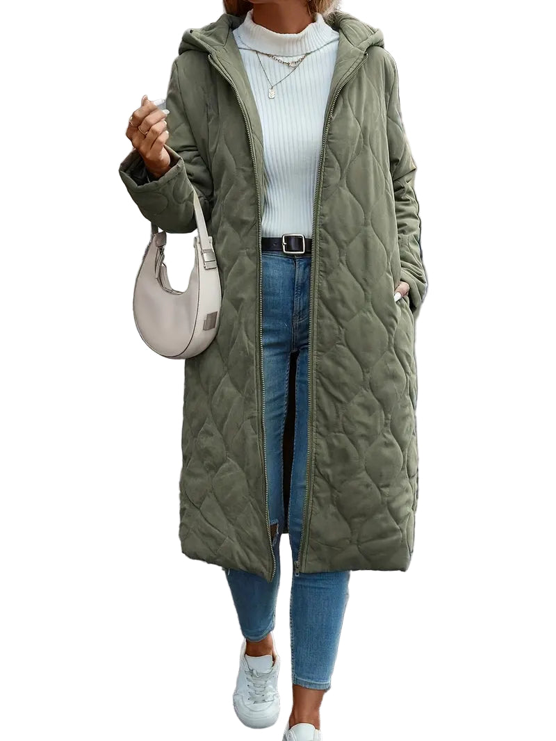 Women's Relaxed Fit Full-Length Hooded Quilted Coat with Zip