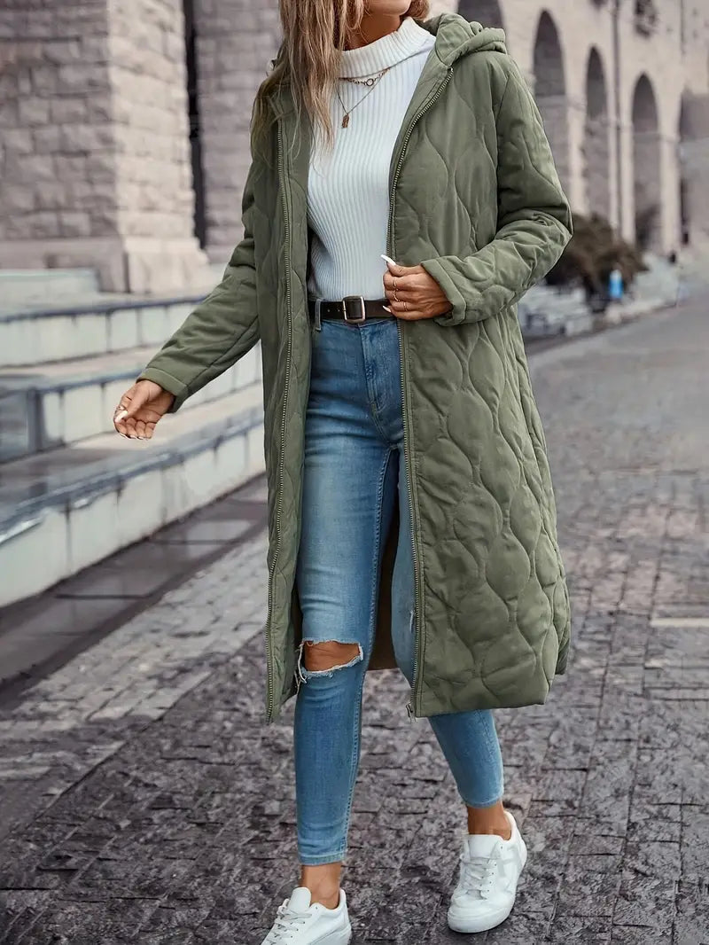 Women's Relaxed Fit Full-Length Hooded Quilted Coat with Zip