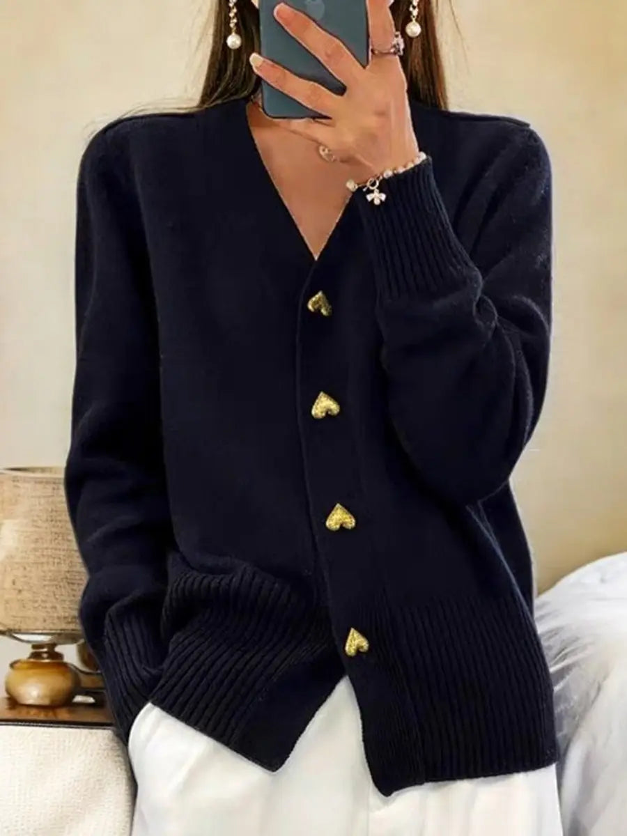 Women's Relaxed-Fit V-Neck Heart-Button Cardigan