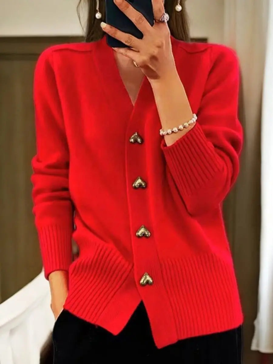 Women's Relaxed-Fit V-Neck Heart-Button Cardigan