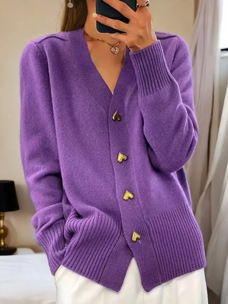 Women's Relaxed-Fit V-Neck Heart-Button Cardigan