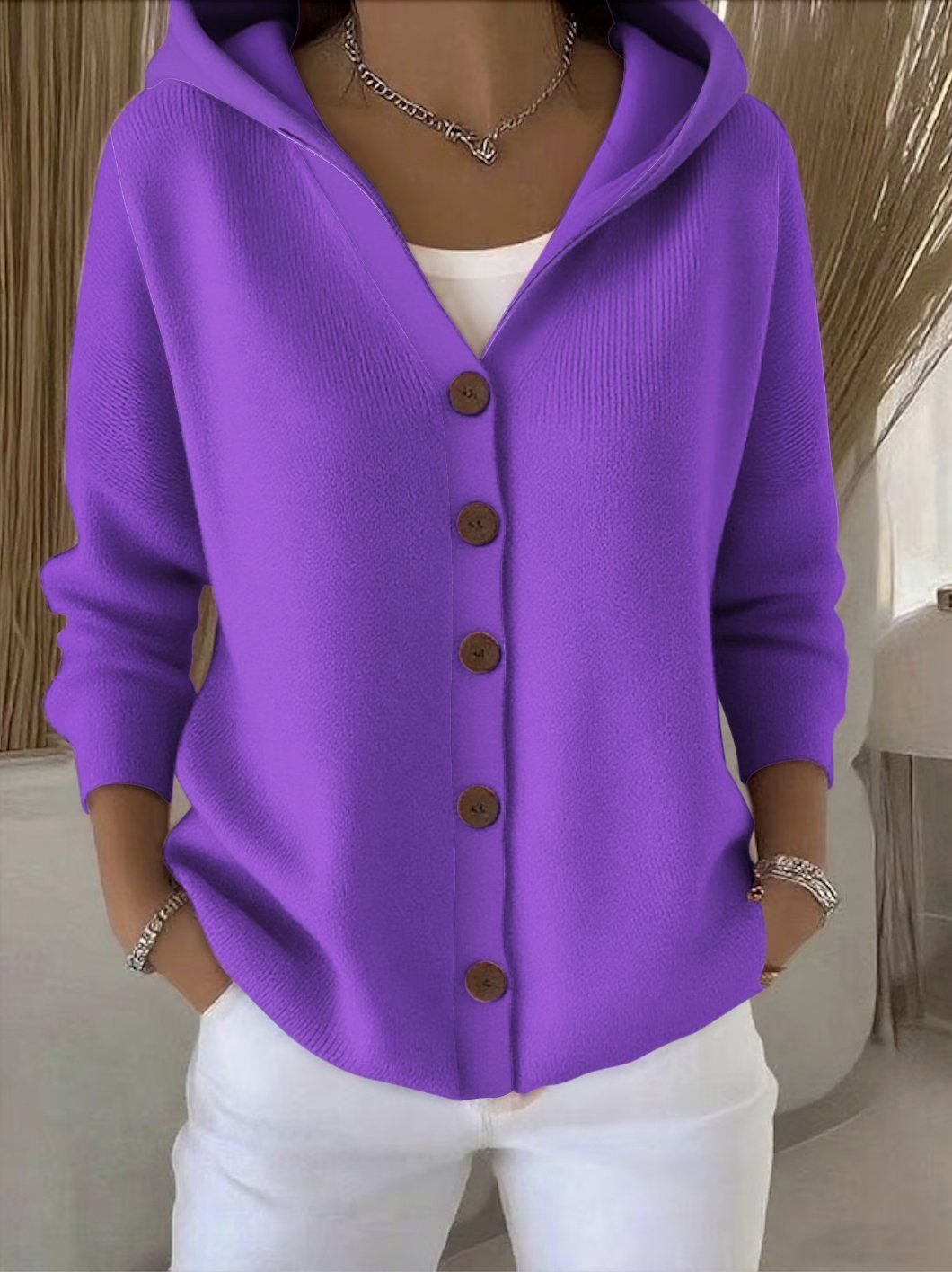 Women's Relaxed Hooded Button-Front Cardigan Sweater