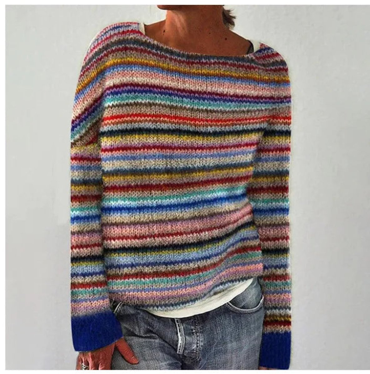 Women's Retro Multicolor Striped Relaxed-Fit Sweater