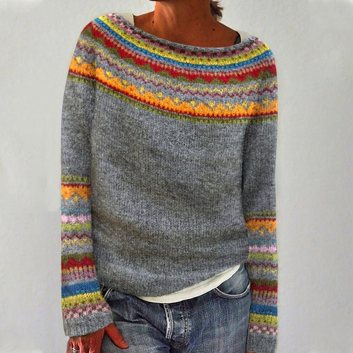 Women's Retro Multicolor Striped Relaxed-Fit Sweater
