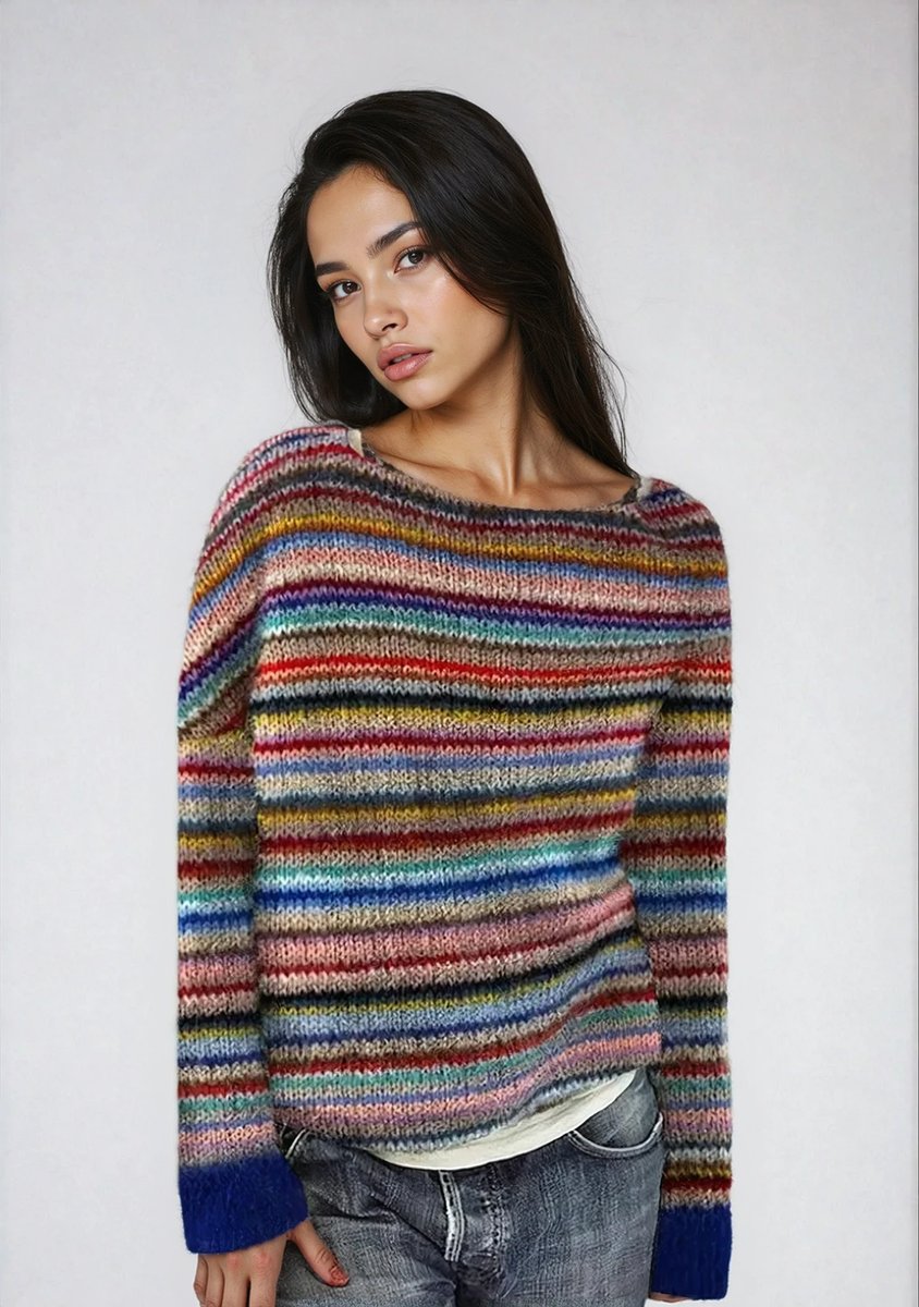 Women's Retro Multicolor Striped Relaxed-Fit Sweater