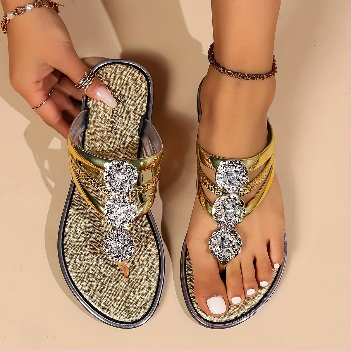 Women's Rhinestone T-Strap Slip-On Flat Sandals