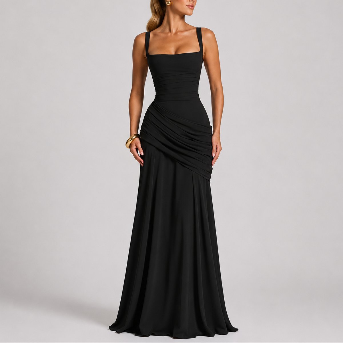 Women's Ruched Square-Neck Maxi Fall Wedding Guest Dress