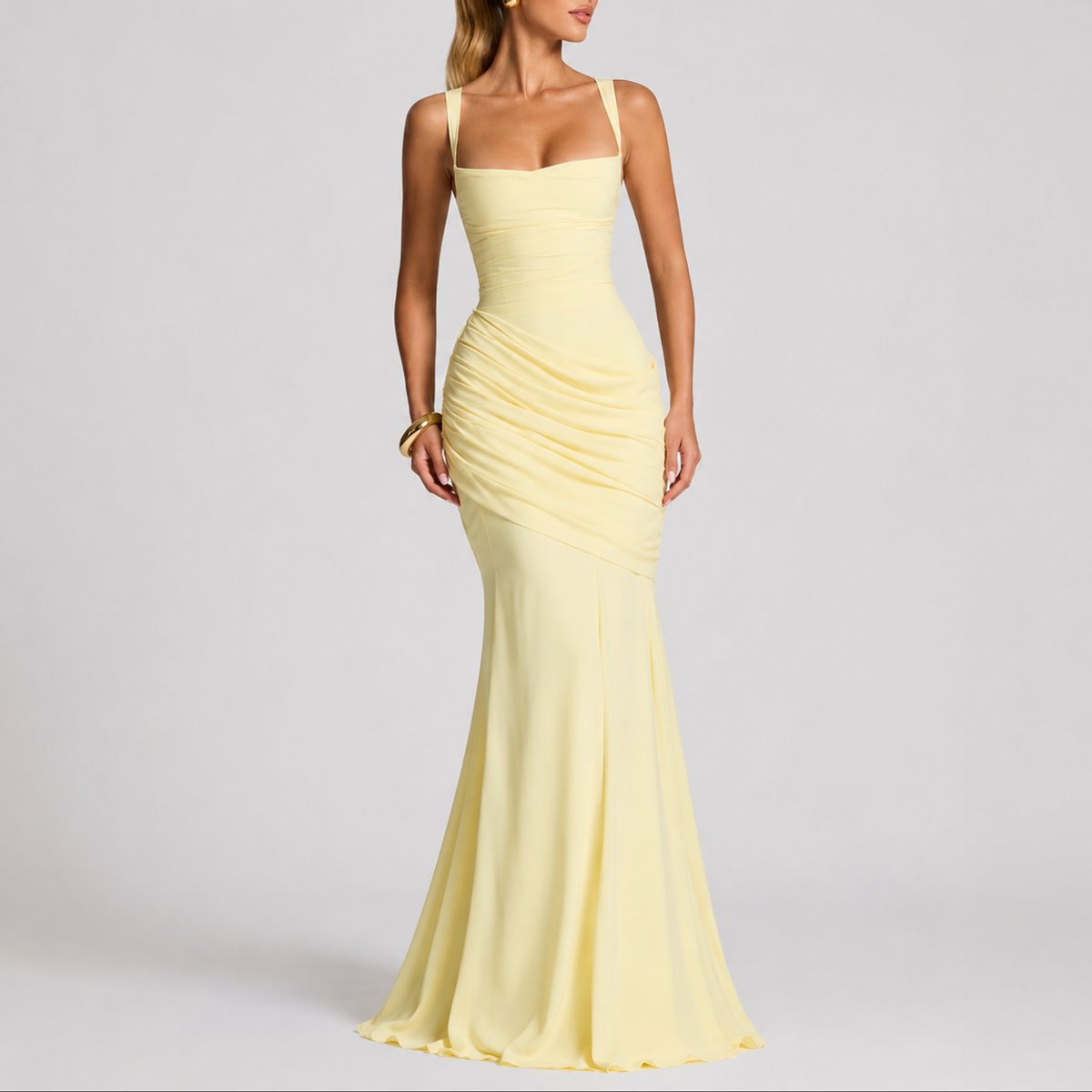 Women's Ruched Square-Neck Maxi Fall Wedding Guest Dress