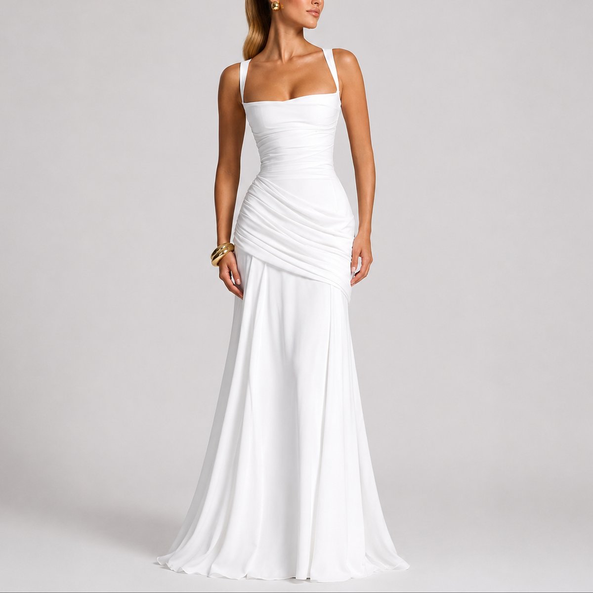 Women's Ruched Square-Neck Maxi Fall Wedding Guest Dress
