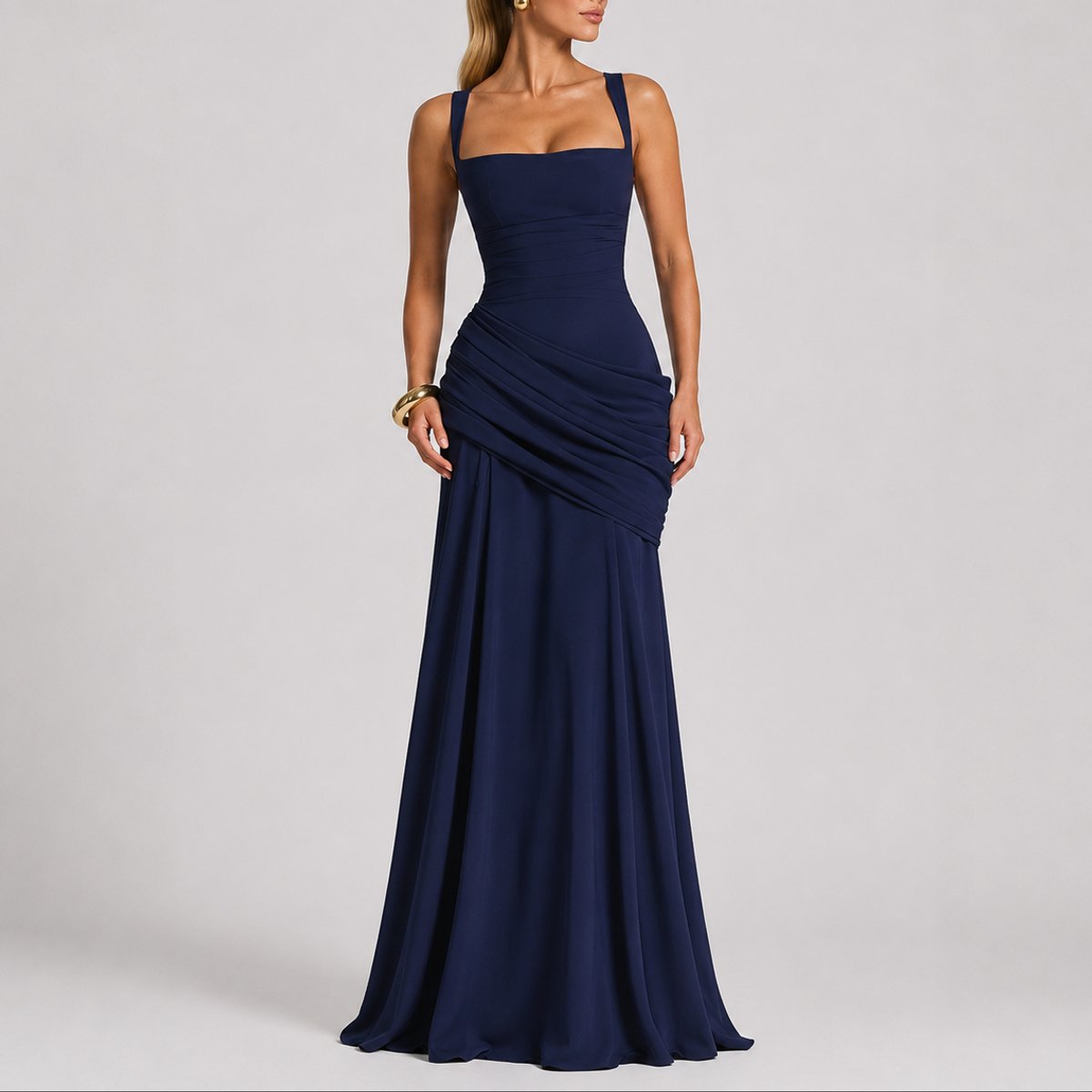 Women's Ruched Square-Neck Maxi Fall Wedding Guest Dress