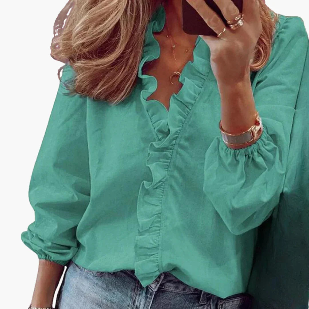 Women's Ruffled V-Neck Long Sleeve Blouse