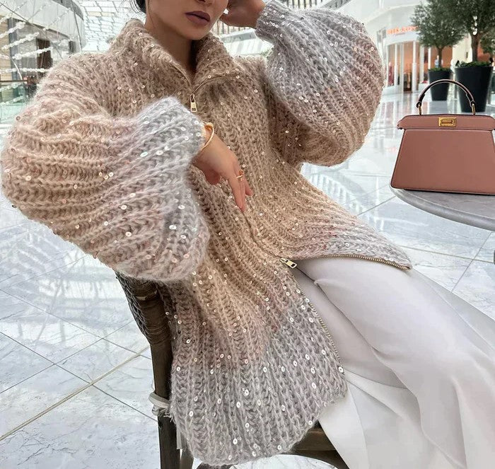 Women's Sequin Zip-Up Cardigan