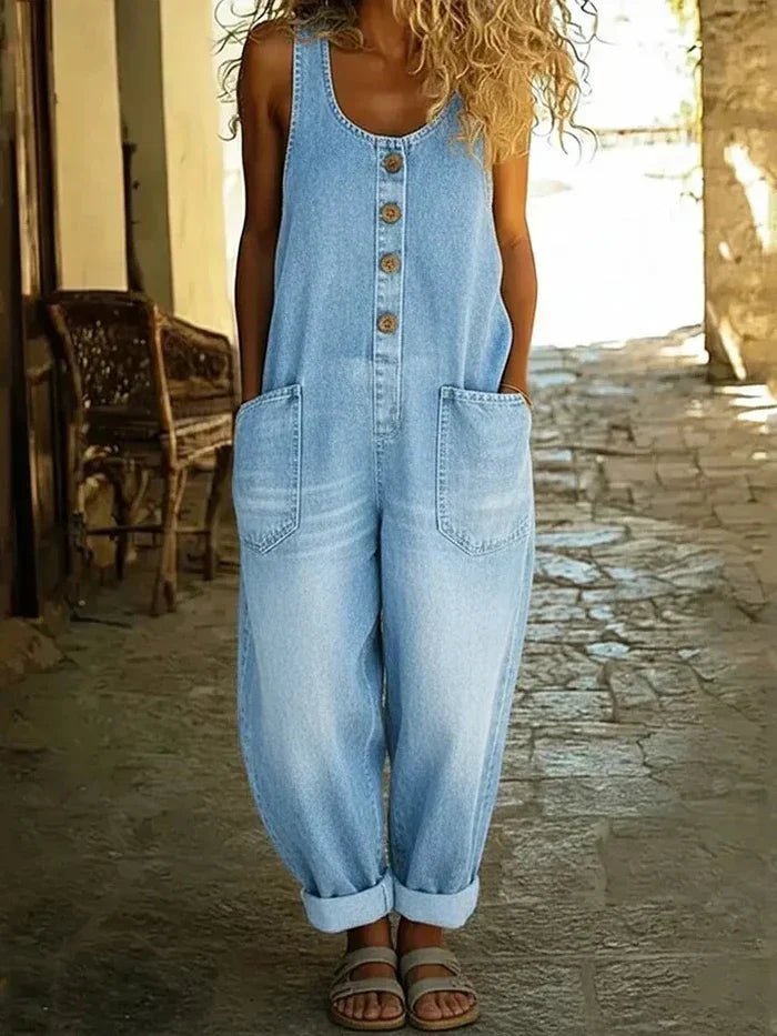 Women's Sleeveless Loose Fit Button-Front Overalls