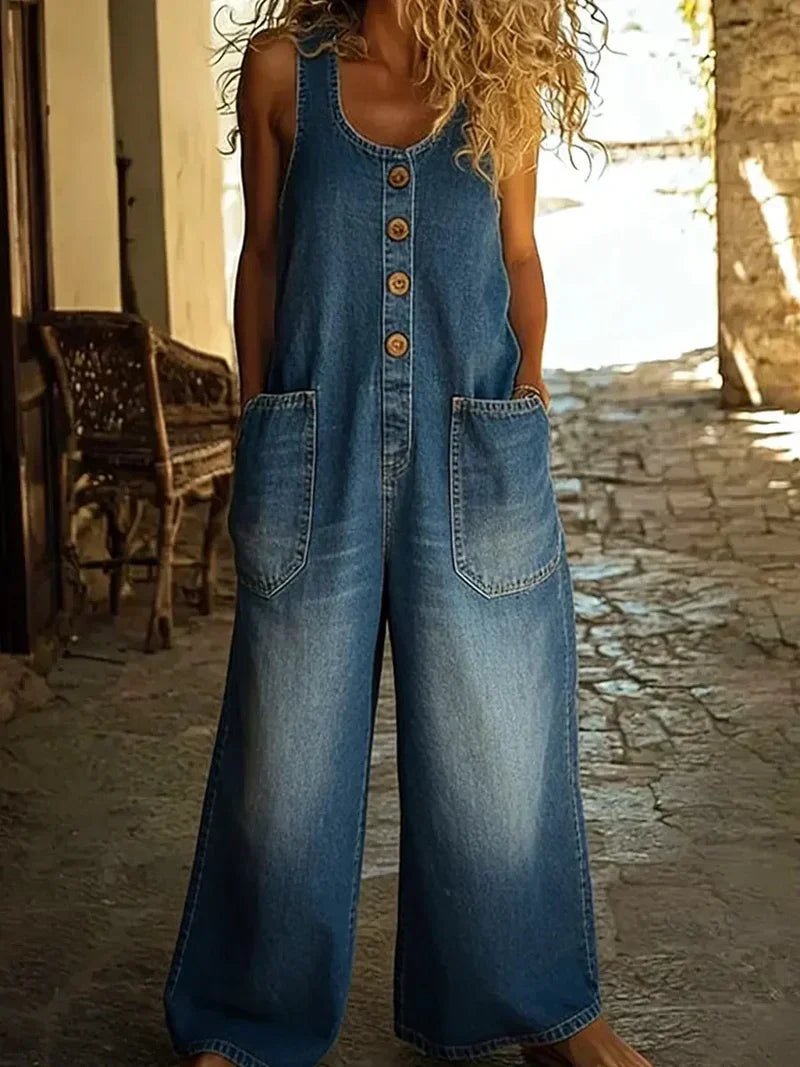 Women's Sleeveless Loose Fit Button-Front Overalls