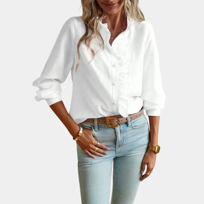 Women's Striped Blouse with Ruffles and Elegant Button Closure