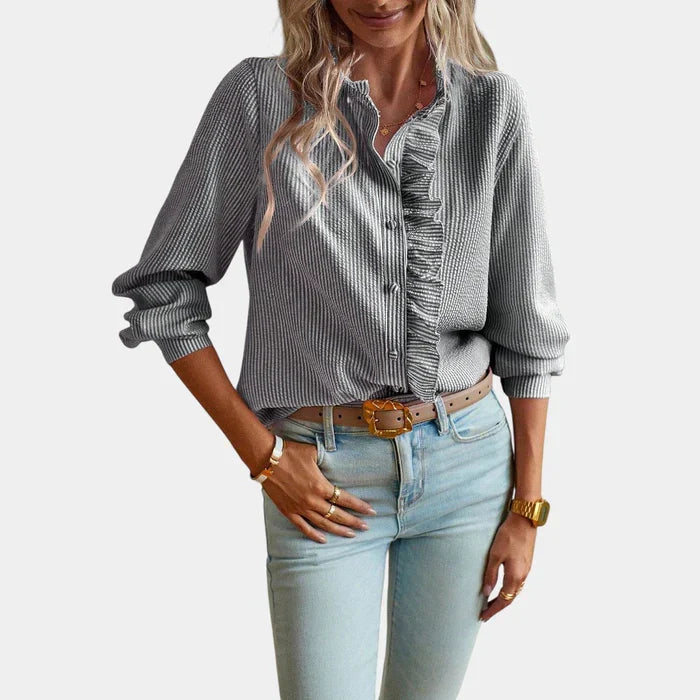 Women's Striped Blouse with Ruffles and Elegant Button Closure