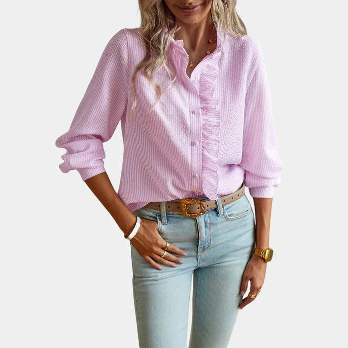 Women's Striped Blouse with Ruffles and Elegant Button Closure